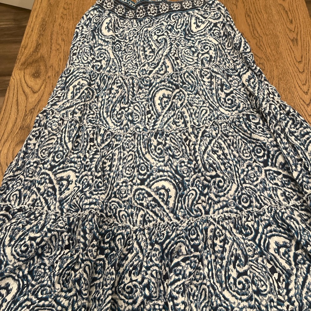 Style & Co Boho Paisley Maxi Skirt Women’s Size M – Tiered Crinkle Cotton Blue